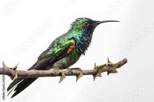 Image of horned sungem on a tree branch. Birds. Wildlife Animals. Illustration, Generative AI.