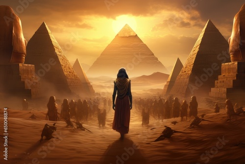 A woman in the desert with pyramids in the background. A journey to the great pyramid. Fantasy scenery. Generative AI