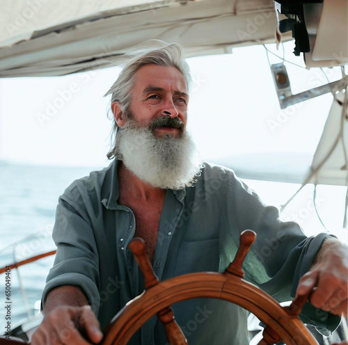 Old bearded  man steering a sailboat