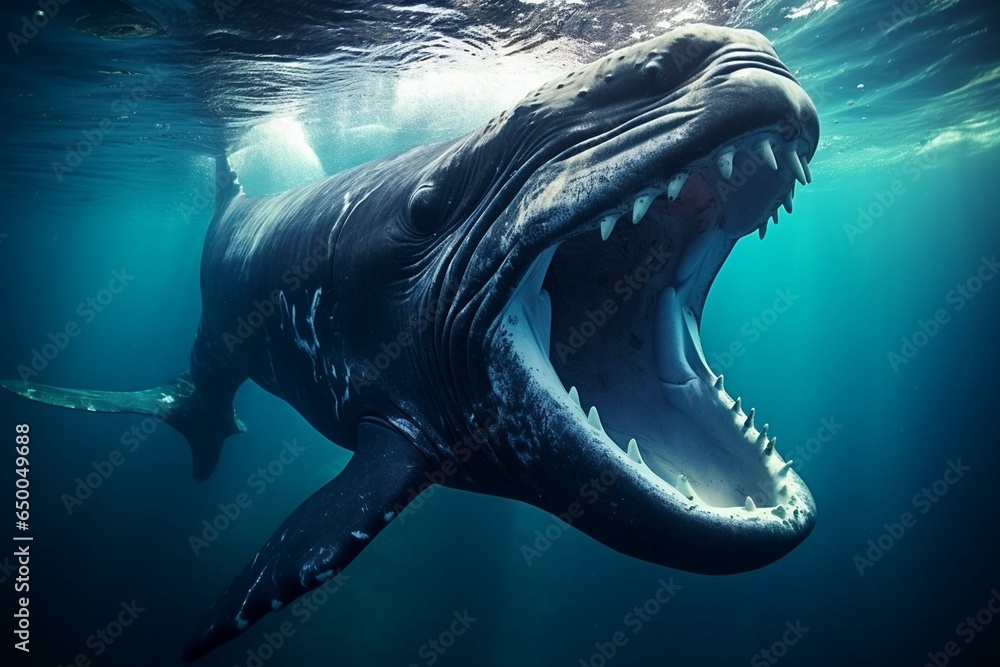 Whale swimming, fish in mouth, open mouth underwater. Generative AI