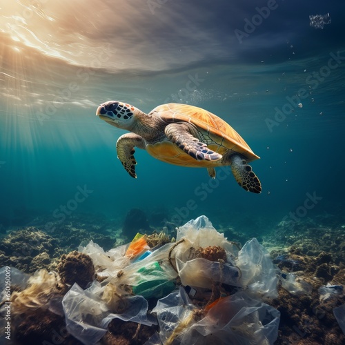 Plastic pollution in the ocean. Turtle eating plastic. Turtle swimming © Rezaul