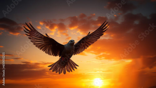 Pigeon spreads its wings against a cloudy sunset sky. © senadesign