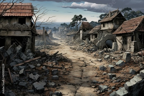 An illustrated background of a devastated village, with destroyed buildings and concrete. Generative AI