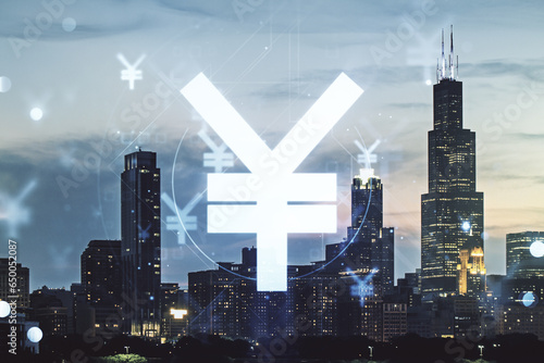 Abstract virtual Japanese Yen symbol illustration on Chicago skyline background. Trading and currency concept. Multiexposure