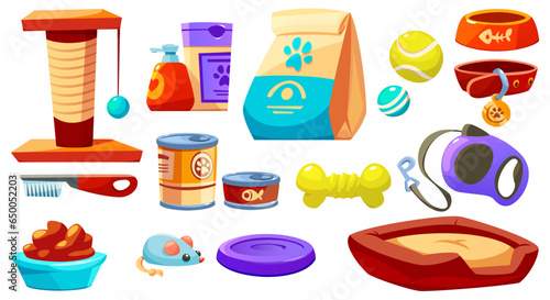 Set of petshop goods isolated on white background. Vector cartoon illustration of cat and dog bowls, soft bed, leash, collar, toy mouse, pet box filler in paper bag, food in cans and package, brush