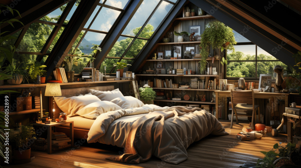 A bedroom with a loft design featuring a dark color scheme and a bedding set in soft pastel shades. The bed is messy, with a tray holding breakfast and a book.