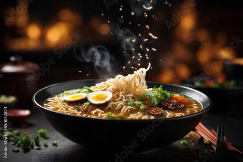Japanese soup ramen in bowl on dark background. Commercial promotional food photo photo