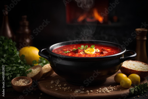 Traditional Ukrainian borscht on dark background. Commercial promotional food photo