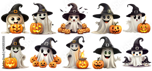 set of halloween ghosts with pumpkin and halloween hat on isolated background, png, generated ai