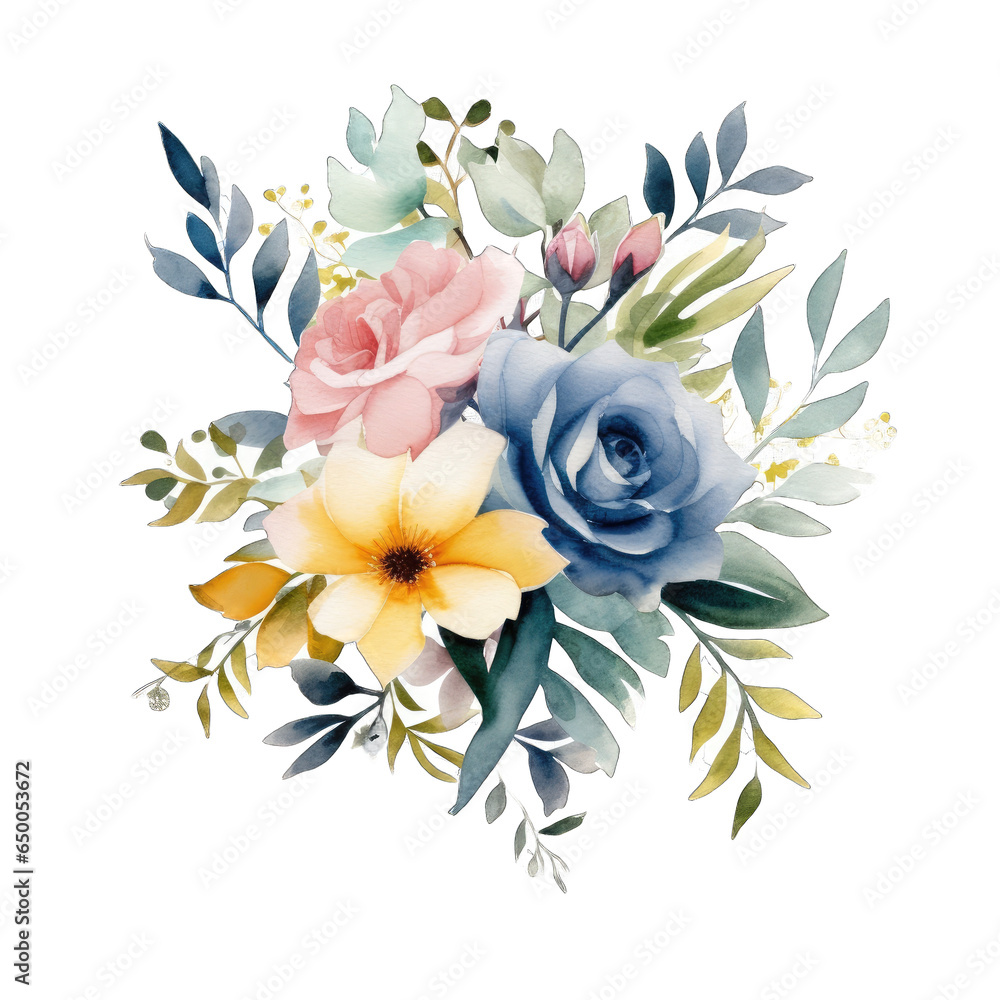  Watercolor floral bouquet set - blush pink blue yellow flower green leaf leaves branches bouquet collection isolated on a transparent background.