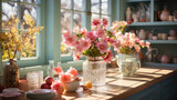 A kitchen filled with sunlight in the month of April, adorned with an Easter table embellished with fresh, blooming spring flowers.