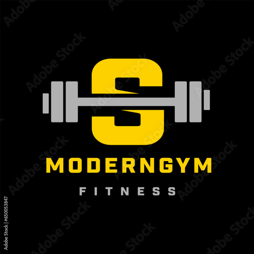 Fitness Gym Logo On Barbell Kettle Bell Logo Type Letter S Sign Logo Template on Black Background