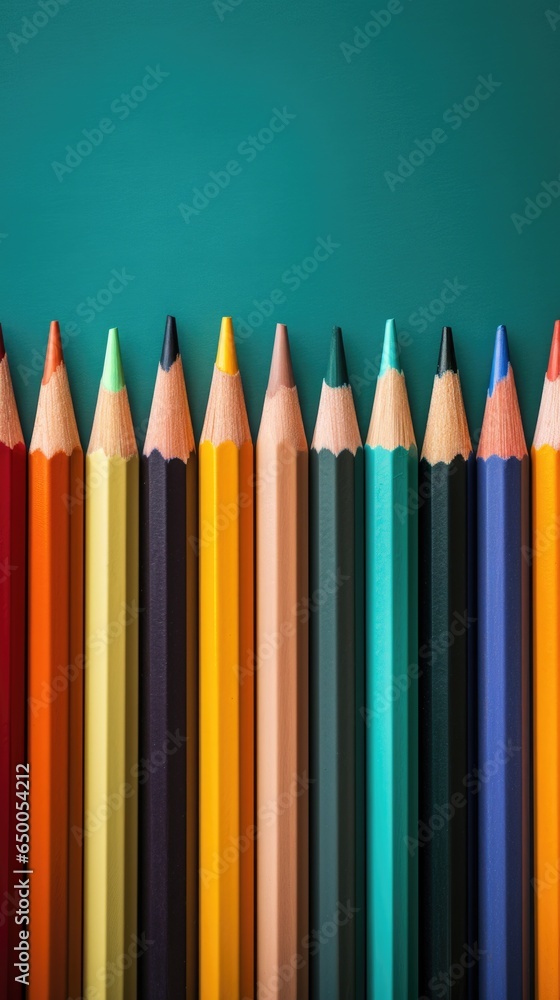 Vibrant Spectrum: Row of Colored Pencils on Minimal Background Vibrant Spectrum: Row of Colored Pencils on Minimal Background