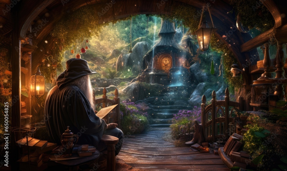 Photo of a whimsical gnome engrossed in a magical book in a enchanting fantasy world