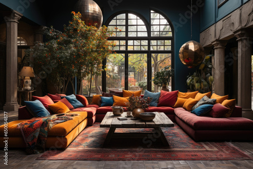 bohemian design, a living room with blue couches and coloured rugs, in the style of crimson and bronze, italianate flair, green and crimson. Loft interior design of modern living room. photo