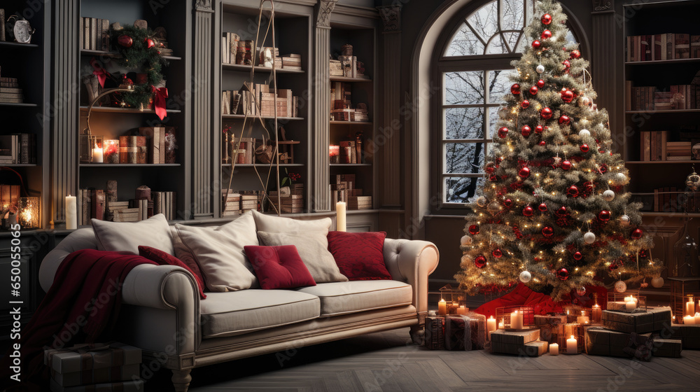 Room with fireplace, a christmas tree and presents under the tree. Decoration tree with candles.christmas tree is decorated with lights and ornaments cozy room, Christmas Interior, Cozy Fireplace