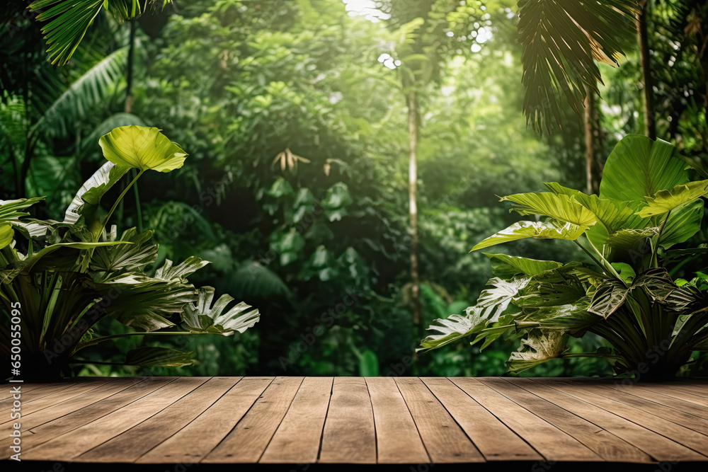 A wooden platform with a large leafy green background A wooden platform with a large leafy green background