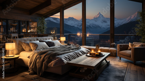 comfortable cocooning bed in winter in a wooden chalet in the mountains
