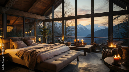 comfortable cocooning bed in winter in a wooden chalet in the mountains 