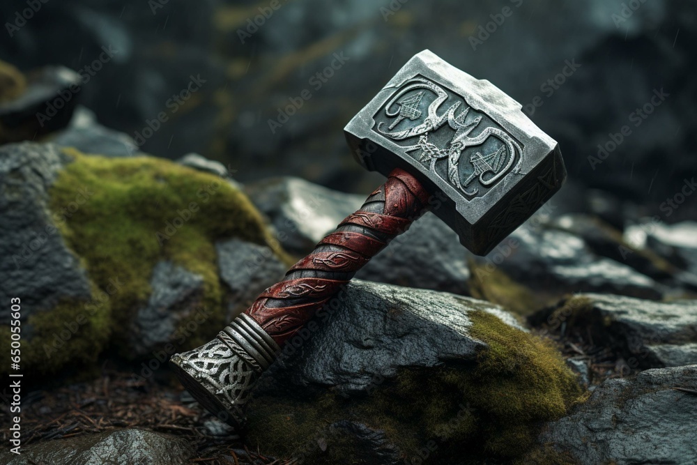 Mjolnir, Thor's hammer. Generative AI - obrazy, fototapety, plakaty 