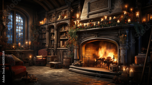 fireplace with christmas decorations in a cozy warm forest wooden log house cabin © Vahid