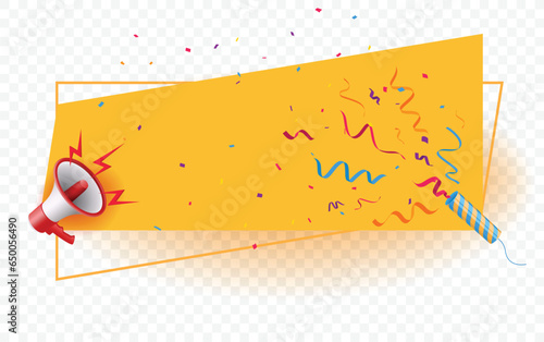 flat geometric sale banner with colorful confetti and megaphone 