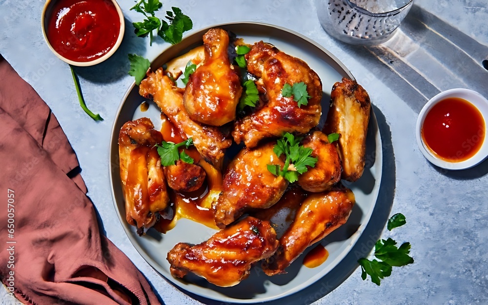 a plate of chicken wings with ketchup and parsley Generative AI a plate of chicken wings with ketchup and parsley Generative AI