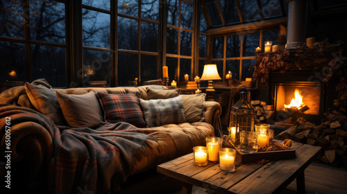 cozy winter interior with plaid on couch, candles near window