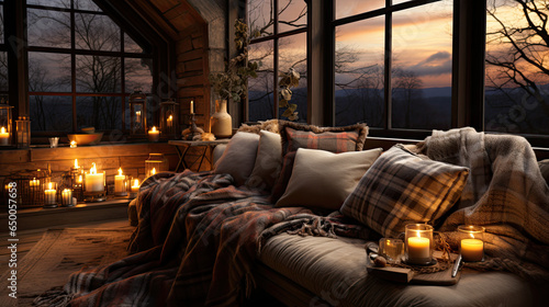 cozy winter interior with plaid on couch  candles near window