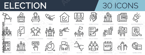 Set of 30 outline icons related to election, voting. Linear icon collection. Editable stroke. Vector illustration