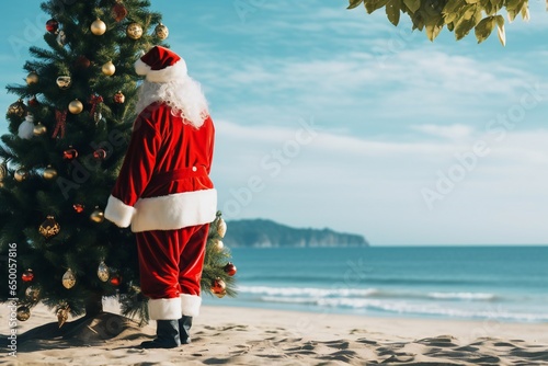 Santa Claus at sea beach with decorated christmas tree happy new year concept