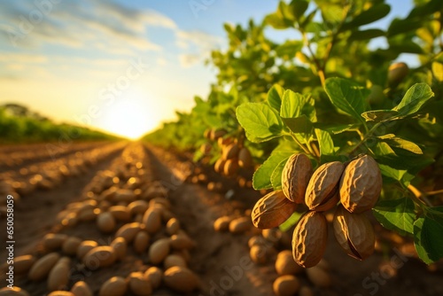 Evening peanuts plantation with sunshine and smart technology, industrial agriculture. Generative AI