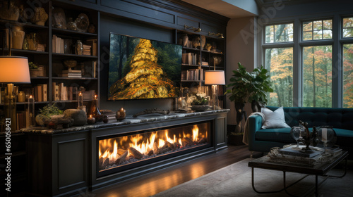Front view of a gas fireplace with a tv on top, a built-in library on each side with led lightning © Vahid