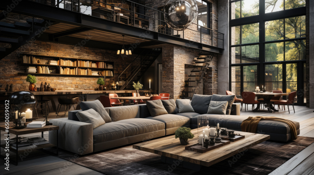 Fototapeta premium Industrial interior design, Monochromatic palettes of greys, iron black, and white, raw and rough materials with modern elements.