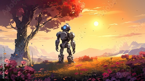 a cute robot is looking at the tree at a sunset environment