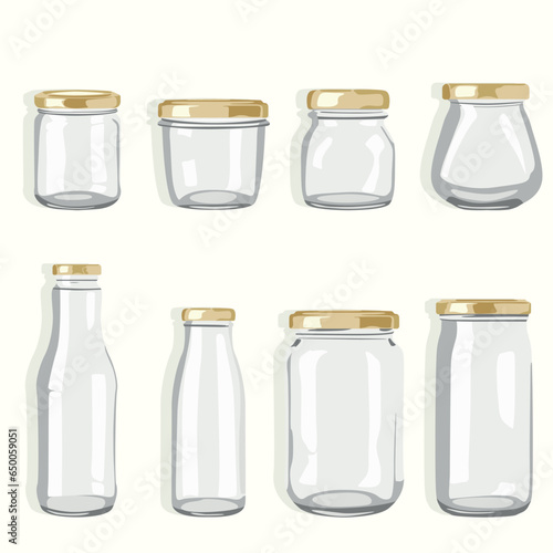 A set of glass jars and bottles of various shapes and sizes with gold lids. Isolated objects on a white background in vector.
