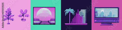 Pixel art video game asset with palm trees and moon. Retro 8-bit style vector elements for icon, logotype or print design.