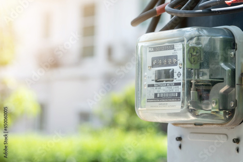 Electricity meter on a light pole. Energy and economic concepts.