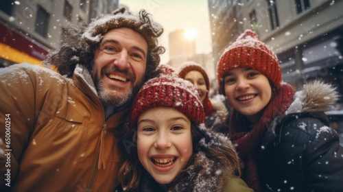 A family taking a selfie in the snow