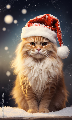 New Year cat animal concept, a pet during the Christmas winter holidays. The holidays are coming, a grumpy kitty dressed as Santa brings gifts to good children. © Ljuba3dArt