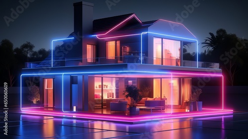 minimalist design of a quaint house made of neon lights