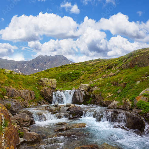 Foto small river rushing among green mountain