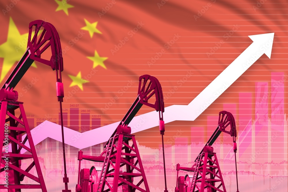 Konstfotografi rising up chart on China flag background - industrial illustration of China oil industry or market concept