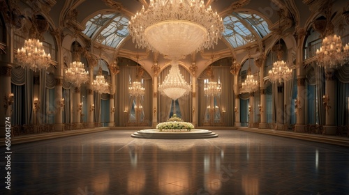 a marriage hall  where a majestic crystal chandelier takes center stage  casting a dazzling glow over the grandeur below
