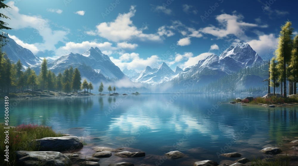a tranquil lakeside scene, where a serene blue lake reflects the surrounding mountains, trees, and a vibrant, cloud-studded sky
