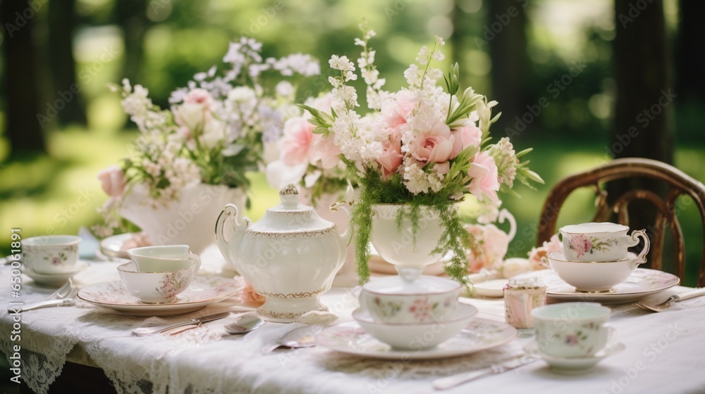 a vintage garden wedding, with antique teacups, lace accents, and a nostalgic ambiance that transports guests to a bygone era of romance