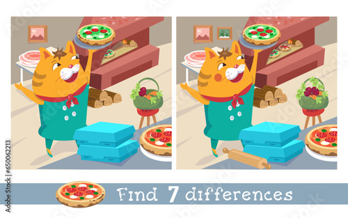 Find 7 hidden differences. Educational game for children. Puzzle game in cartoon style. Cute pizzaiolo cat with pizza. Vector illustration for children.