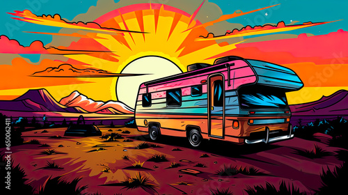 Camper or RV motor home during sunset. Colorful art design with bold outlines and vivid colors. Logo or background design element. photo