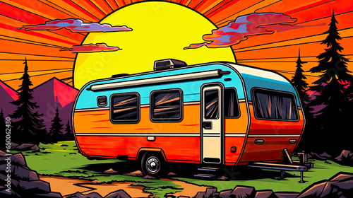 Camper or RV motor home during sunset. Colorful art design with bold outlines and vivid colors. Logo or background design element. photo