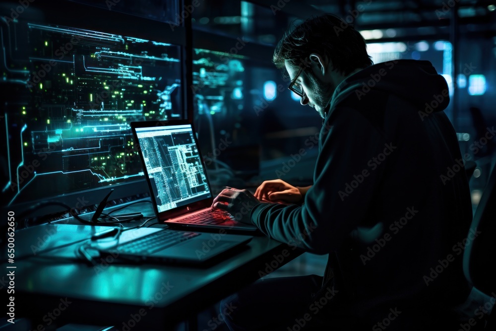 Lone hacker figure hunches over a laptop - obrazy, fototapety, plakaty 